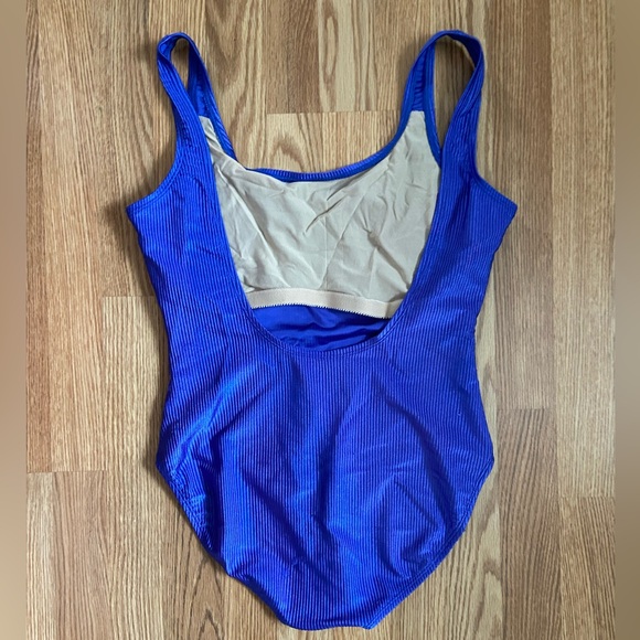 Vintage Cobalt Blue One-Piece Swimsuit (XL) with Striped Ribbed Fabric - Picture 2 of 10